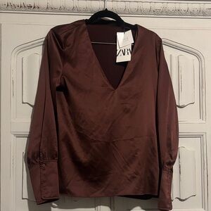 Zara Satin V-Neck Blouse - Deep Brown